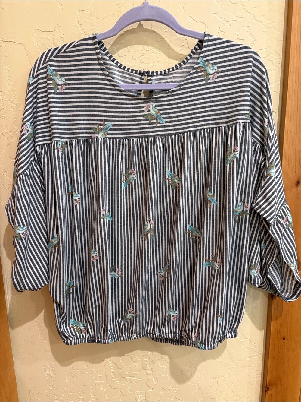 Time & Tru Striped Blouse w/Birds Size Large